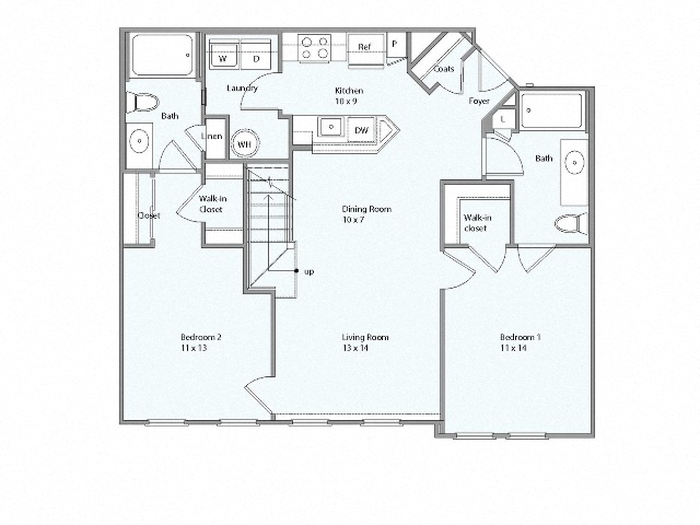 Floor plan for 2 beds, 2 baths, 1130 sqft