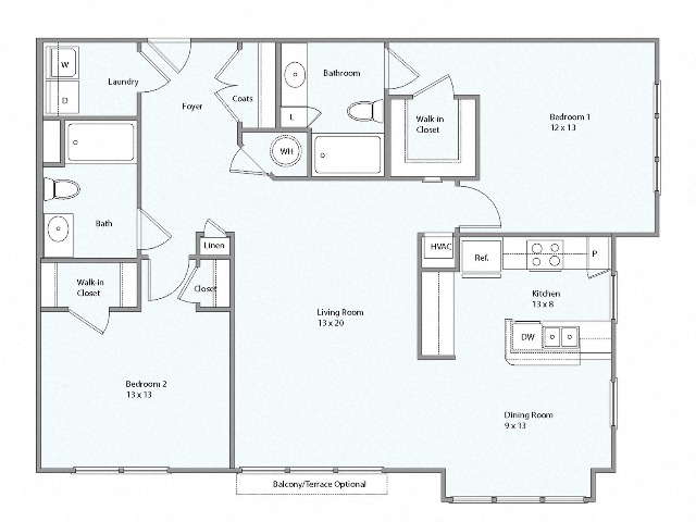 Floor plan for 2 beds, 2 baths, 1195 sqft