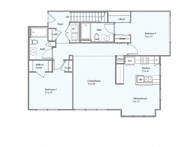 Floor plan for 2 beds, 2 baths, 1375 sqft