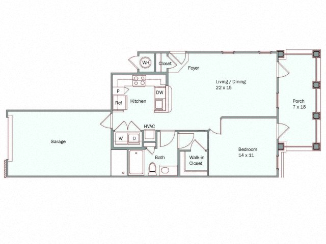 Floor plan for 1 bed, 1 bath, 725 sqft