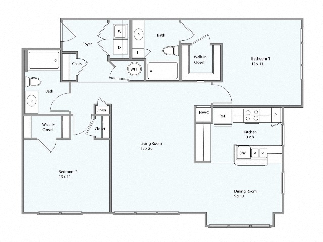 Floor plan for 2 beds, 2 baths, 1195 sqft