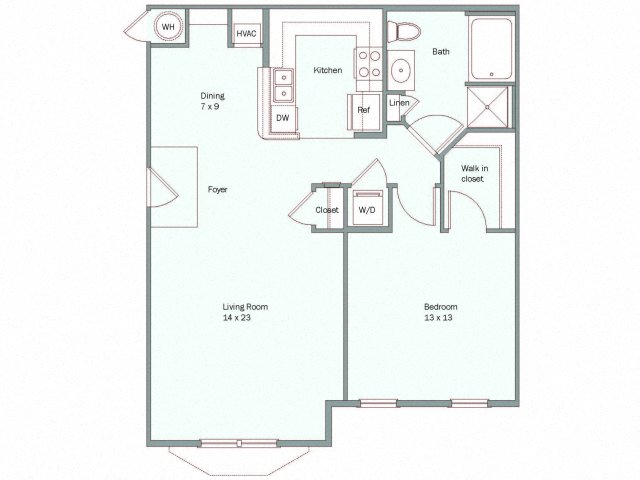 Floor plan for 1 bed, 1 bath, 840 sqft
