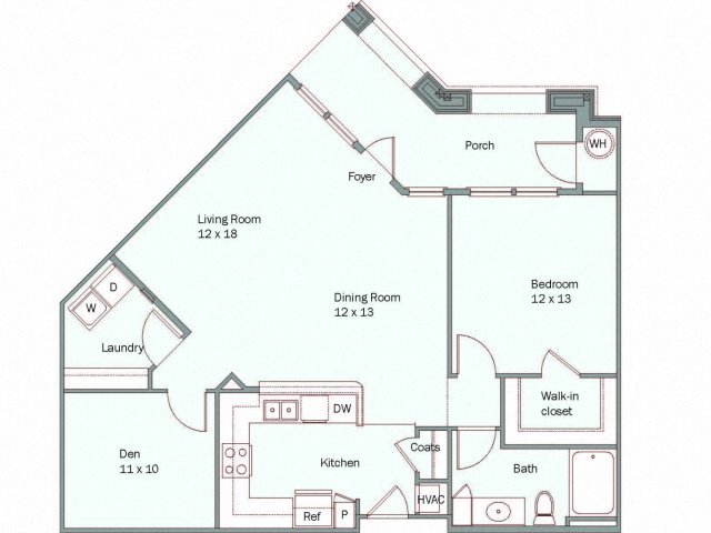 Floor plan for 1 bed, 1 bath, 1014 sqft