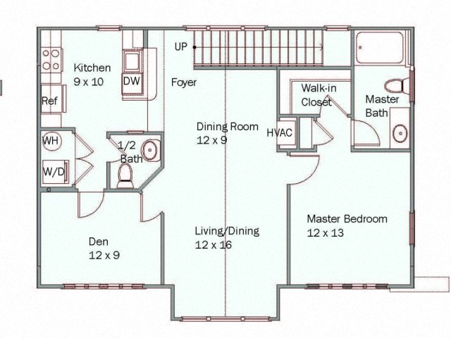 Floor plan for 1 bed, 1.5 baths, 980 sqft