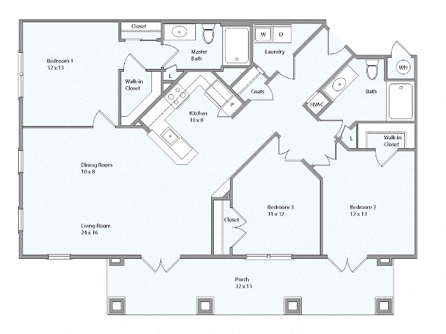Floor plan for 3 beds, 2 baths, 1405 sqft