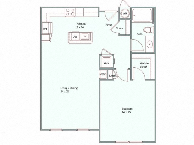 Floor plan for 1 bed, 1 bath, 840 sqft