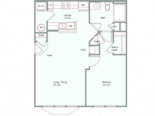 Floor plan for 1 bed, 1 bath, 745 sqft