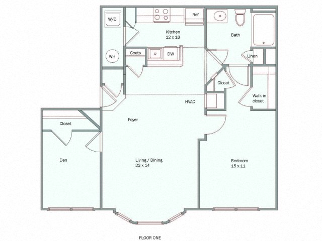 Floor plan for 1 bed, 1 bath, 865 sqft