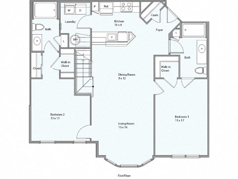 Floor plan for 2 beds, 2 baths, 1370 sqft