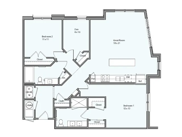 Floor plan for 2 beds, 2 baths, 1265 sqft