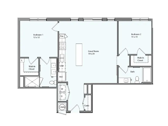 Floor plan for 2 beds, 2 baths, 1045 sqft