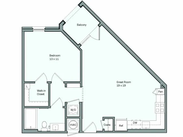 Floor plan for 1 bed, 1 bath, 686 sqft