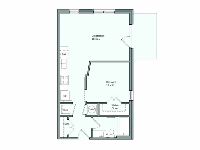 Floor plan for 1 bed, 1 bath, 614 sqft