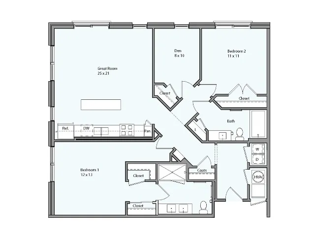 Floor plan for 2 beds, 2 baths, 1225 sqft