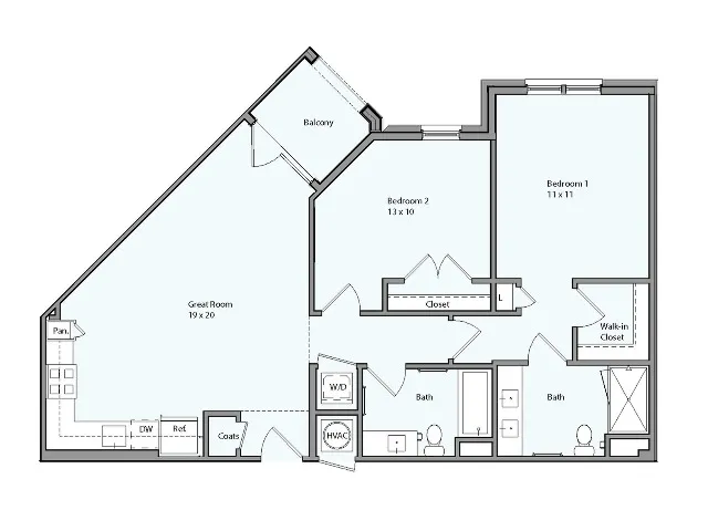 Floor plan for 2 beds, 2 baths, 990 sqft