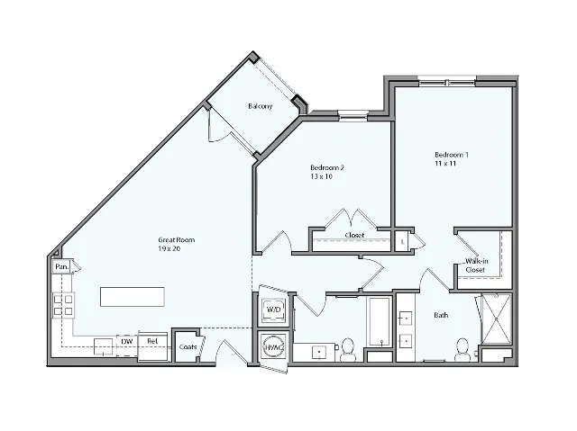Floor plan for 2 beds, 2 baths, 990 sqft