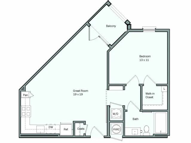 Floor plan for 1 bed, 1 bath, 686 sqft