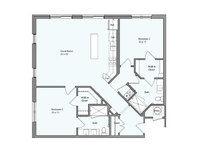 Floor plan for 2 beds, 2 baths, 1160 sqft