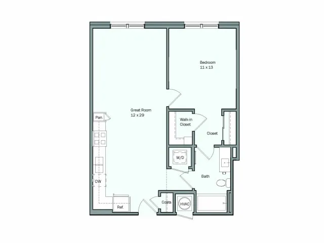 Floor plan for 1 bed, 1 bath, 718 sqft