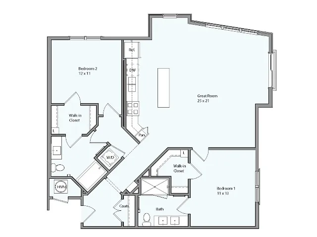Floor plan for 2 beds, 2 baths, 1235 sqft