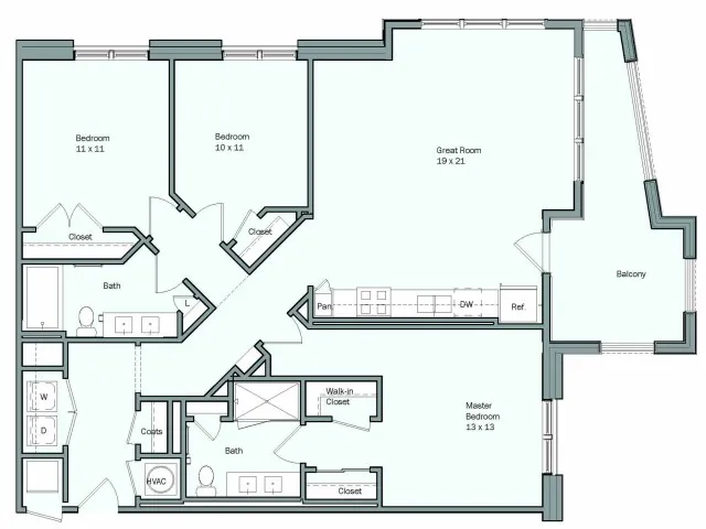 Floor plan for 3 beds, 2 baths, 1343 sqft