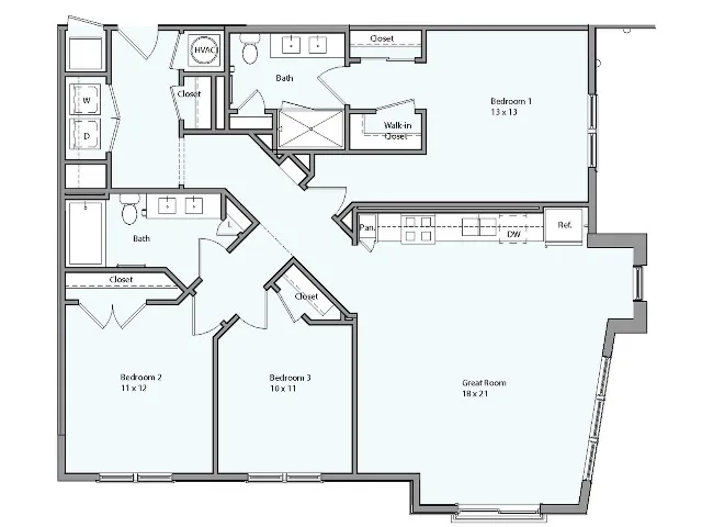 Floor plan for 3 beds, 2 baths, 1343 sqft