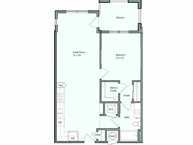 Floor plan for 1 bed, 1 bath, 784 sqft