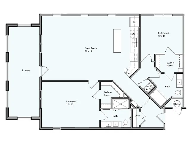 Floor plan for 2 beds, 2 baths, 1327 sqft