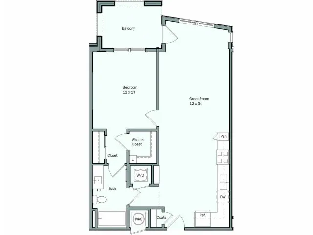 Floor plan for 1 bed, 1 bath, 772 sqft