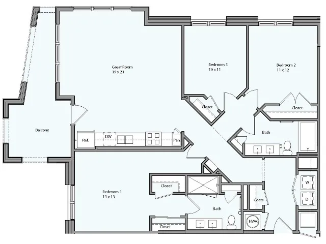 Floor plan for 3 beds, 2 baths, 1370 sqft