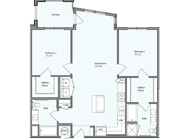 Floor plan for 2 beds, 2 baths, 1136 sqft