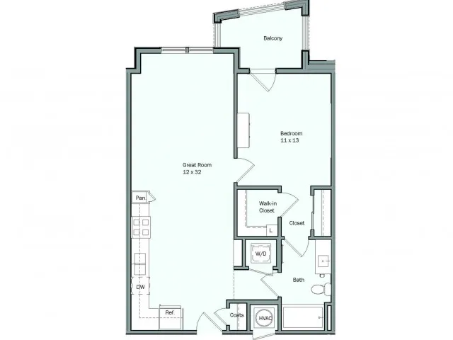 Floor plan for 1 bed, 1 bath, 750 sqft