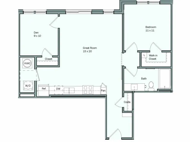 Floor plan for 1 bed, 1 bath, 835 sqft