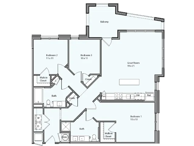 Floor plan for 3 beds, 2 baths, 1347 sqft
