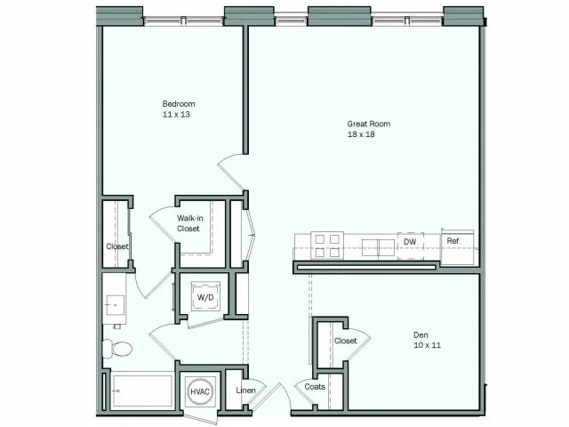 Floor plan for 1 bed, 1 bath, 906 sqft