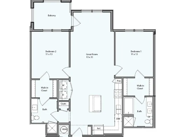 Floor plan for 2 beds, 2 baths, 1107 sqft