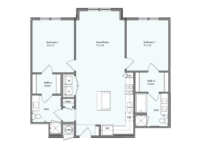 Floor plan for 2 beds, 2 baths, 1074 sqft