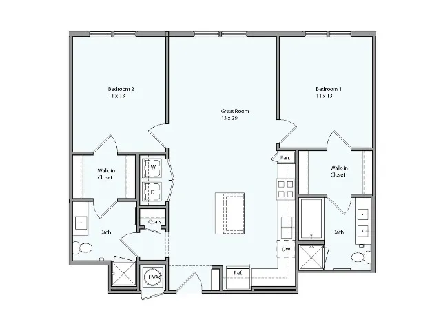 Floor plan for 2 beds, 2 baths, 1050 sqft