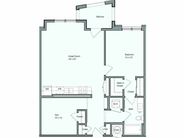 Floor plan for 1 bed, 1 bath, 931 sqft