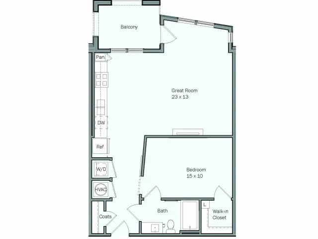 Floor plan for 1 bed, 1 bath, 775 sqft