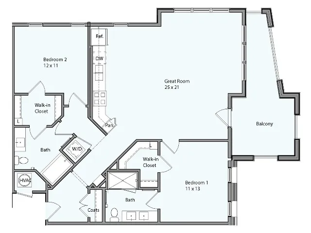 Floor plan for 2 beds, 2 baths, 1219 sqft