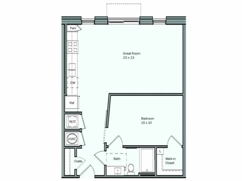 Floor plan for 1 bed, 1 bath, 725 sqft