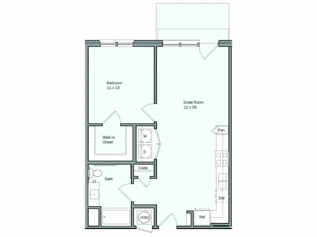 Floor plan for 1 bed, 1 bath, 725 sqft