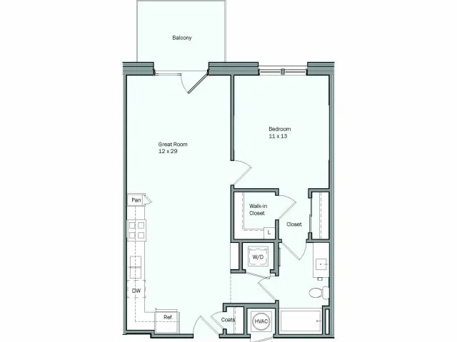 Floor plan for 1 bed, 1 bath, 728 sqft