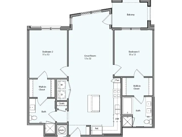 Floor plan for 2 beds, 2 baths, 1099 sqft