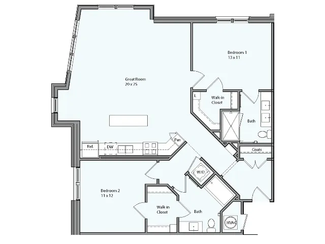 Floor plan for 2 beds, 2 baths, 1222 sqft