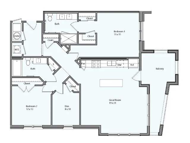 Floor plan for 2 beds, 2 baths, 1270 sqft