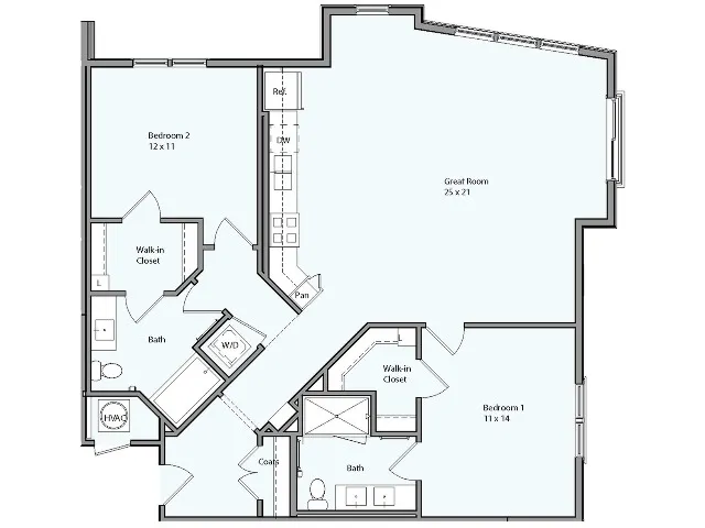 Floor plan for 2 beds, 2 baths, 1251 sqft