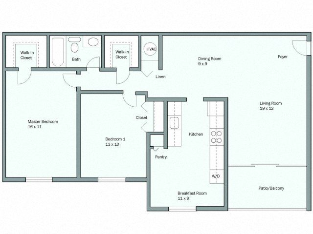 Floor plan for 2 beds, 1 bath, 1078 sqft