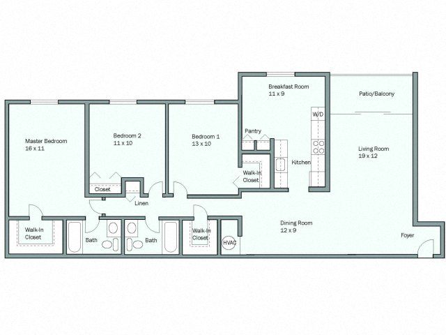 Floor plan for 3 beds, 2 baths, 1348 sqft
